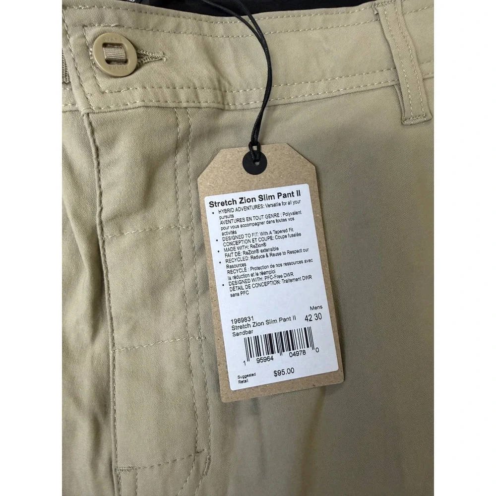 Prana Stretch Zion Slim Pant II Sandbar Tan Mens 42x30 Hiking Cargo 1969831 NEW
